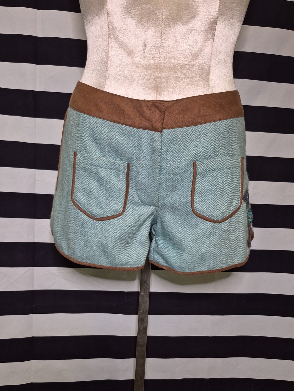 Anthroplogie Light Teal Herringbone Shorts with Brown Trim